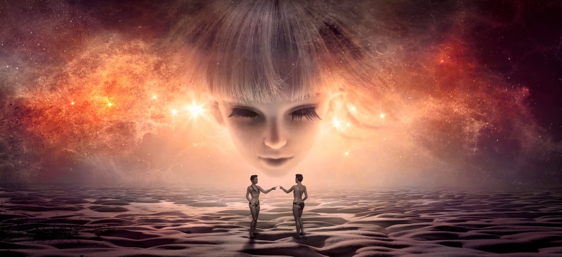 secret, sky, girl, two people, offspring, land, graphic, atmosphere, 5K, light, outdoors, digital composite, photo montage, near, emotion, fantastic, contact