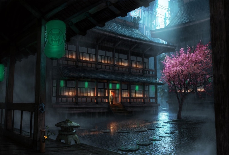 lantern, building, 720P, cherry blossom, The Secret World, rain