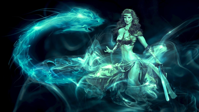 abstract, nature, sword, female, women, atmosphere, dream world, pose, photo montage, elegant, composing, figure, motion, dragons, surreal, femininity