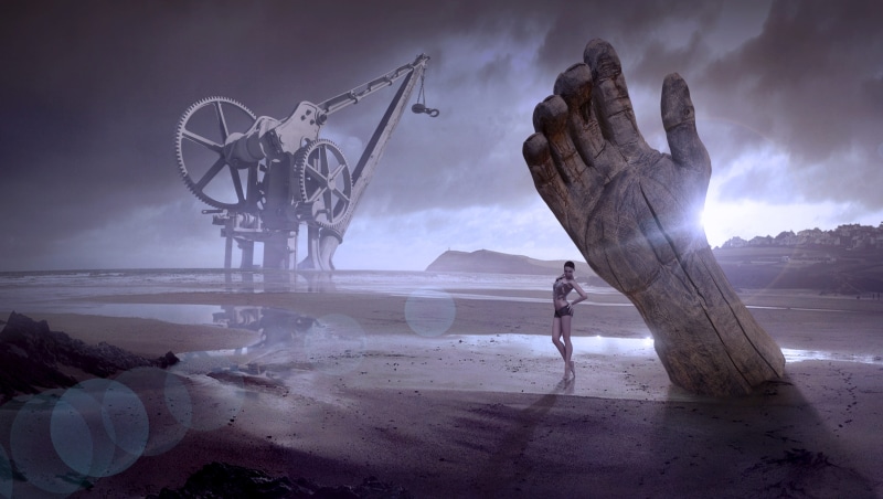 girl, atmospheric, wood, secret, oil, sky, outdoors, composing, dream world, industry, shiny, mysticism, fantasy, atmosphere, photo montage, mysterious