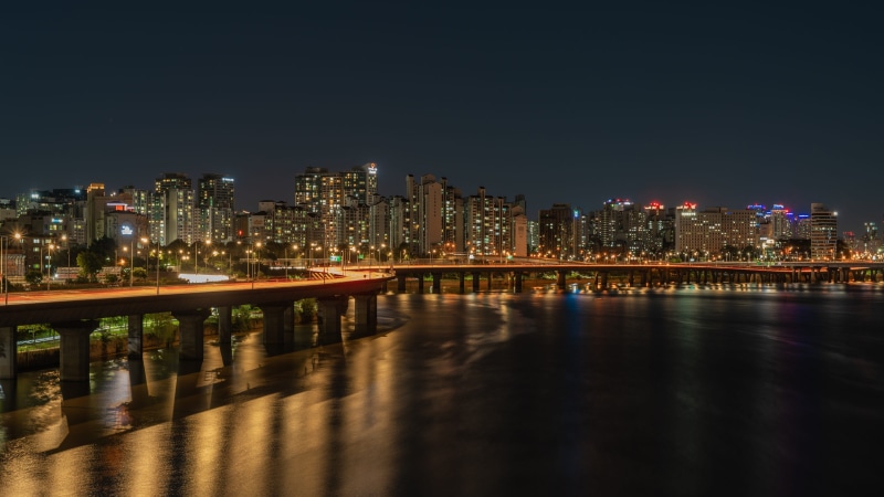 glow, skyscraper, waterfront, 4K, illuminated, han river, sun, water, korea, modern, urban skyline, twilight, architecture, building, sky, seoul, no people