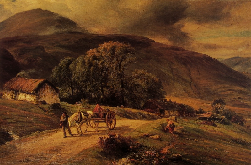mountains, country, forest, countryside, artistry, sunset, outdoors, tree, outside, domestic, vertebrate, landscape, painting, trees, herbivorous, domestic animals