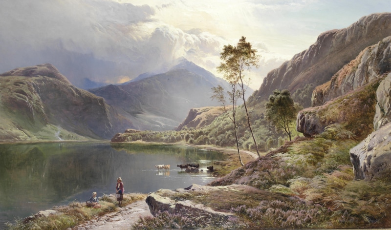 country, body, painting, person, oil on canvas, outside, valley, art, landscape, scenics - nature, 2K, people, near, lake, river, nature, countryside
