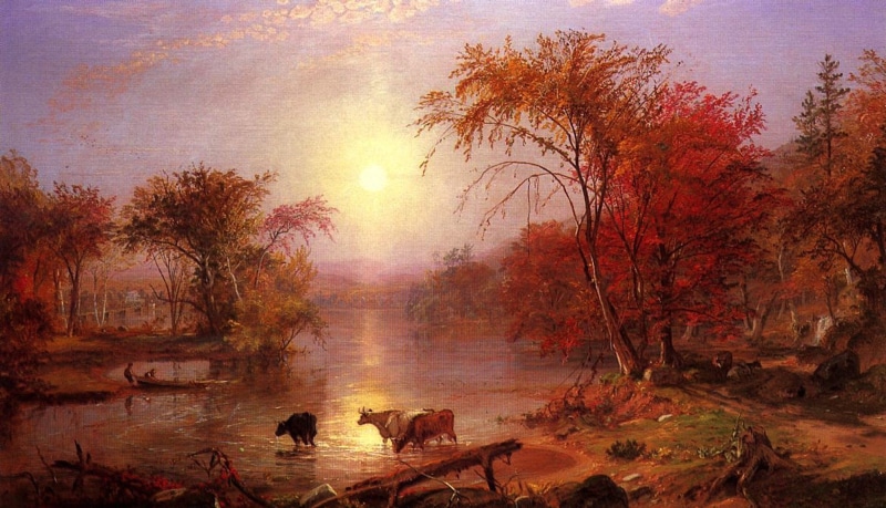 sunset, tranquility, non-urban scene, albert bierstadt, brown, change, painting, river, cattle, outdoors, outside, people, beauty in nature, oil on canvas