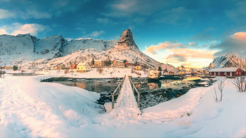day, tranquility, cloud - sky, scenics - nature, 1080P, no people, mountains, house, village, landscape, nature, sunlight, ice, winter, lake, water, Lofoten
