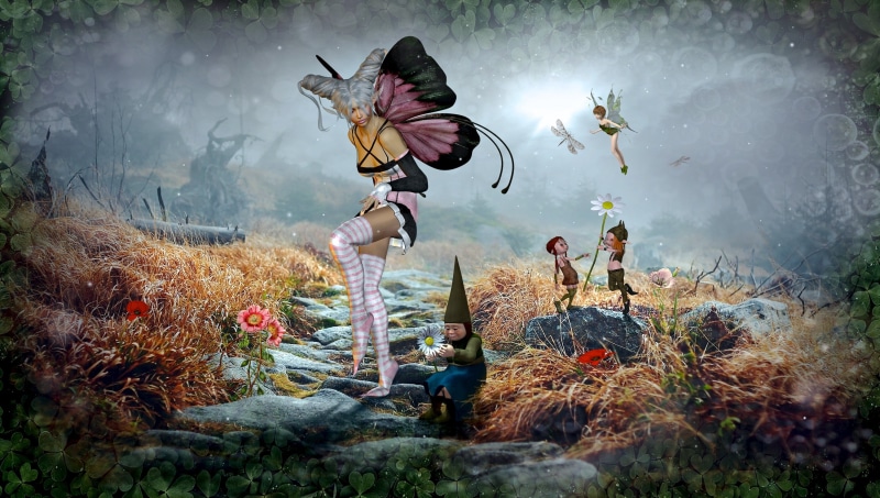 outdoors, gnome, animal wildlife, fog, motion, tree, solid, digital, day, mysterious, water, grass, fabric, growth, fairytale, mood, people