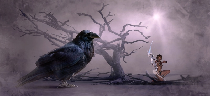 tree, cloud - sky, large, raven, vertebrate, human, mythical creatures, sky, legend, emotion, sage, nature, outdoors, haze, animal wildlife, scene, arrow