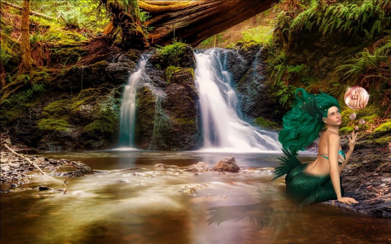 mysticism, romantic, waterfall, rock - object, myth, nature, water, motion, mythology, magical, plant, river, mood, real people, composing, cascade, rock