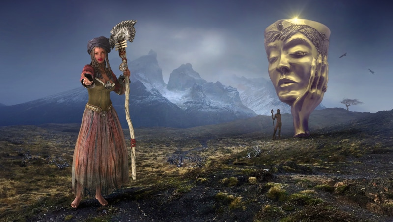 beauty in nature, mountain meadow, mystical, afrikanerin, shaman, woman, cloud - sky, fairytale, sculpture, landscape, womans head, women, mountains, collage