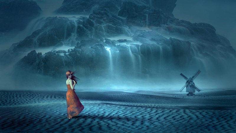 photo montage, one person, fog, human limb, dream world, fairy tales, landscape, mystical, tranquil scene, wearing, tranquility, sage, travel, beauty, magic