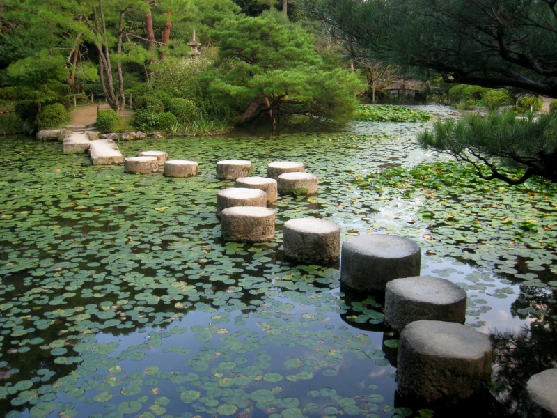 stones, 2K, koi pond, trees, meditation, buddhist, stone, surrounded, lake, japanese garden, floating on water, temple, no people, balance, scenics - nature