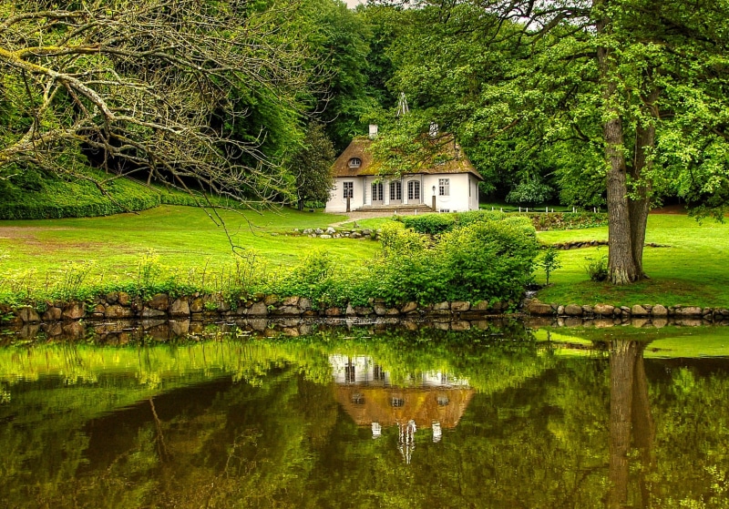 lake, besides, built structure, landscape, growth, rural Scene, green, brown, island, residential district, holidays, moen, rest, nature, Liselund, water