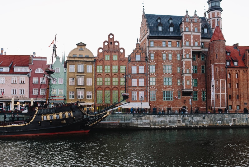 canal, old, cultures, outdoors, city, incidental people, architecture, day, Gdansk, mode of transportation, waterfront, nautical Vessel, urban Scene, town