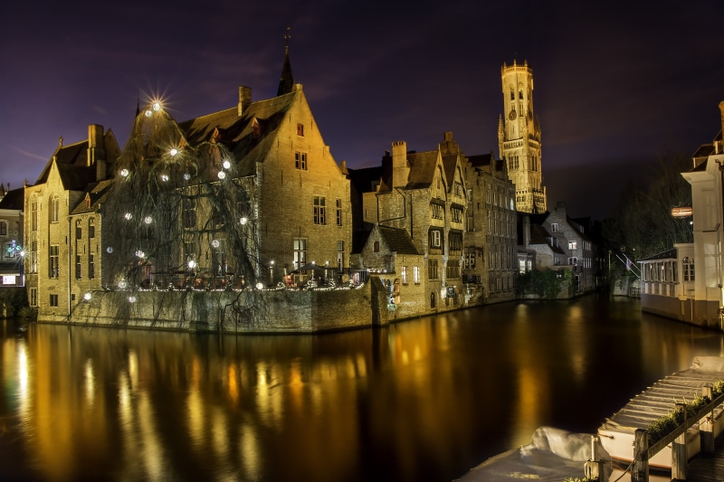 body of water, town, city, magic  mystery, famous Place, brown, house, night, reflection, river, Brugge, europe, belgien, fairytale, purple, canals, urban Scene