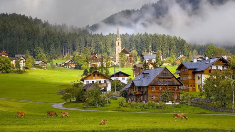 landscape, tree, villages, built structure, Austria, outdoors, wood, environment, architecture, 1080P, mist, forest, green color, house, trees, scenics - nature