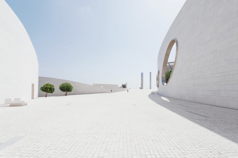 white color, daytime, copy space, built Structure, architecture And Buildings, travel, two, clear sky, trees, architecture, wall, modern, minimal, building