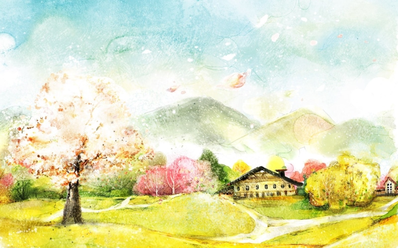1080P, scenery, house, art, painting, digital, mountains, digital art, trees