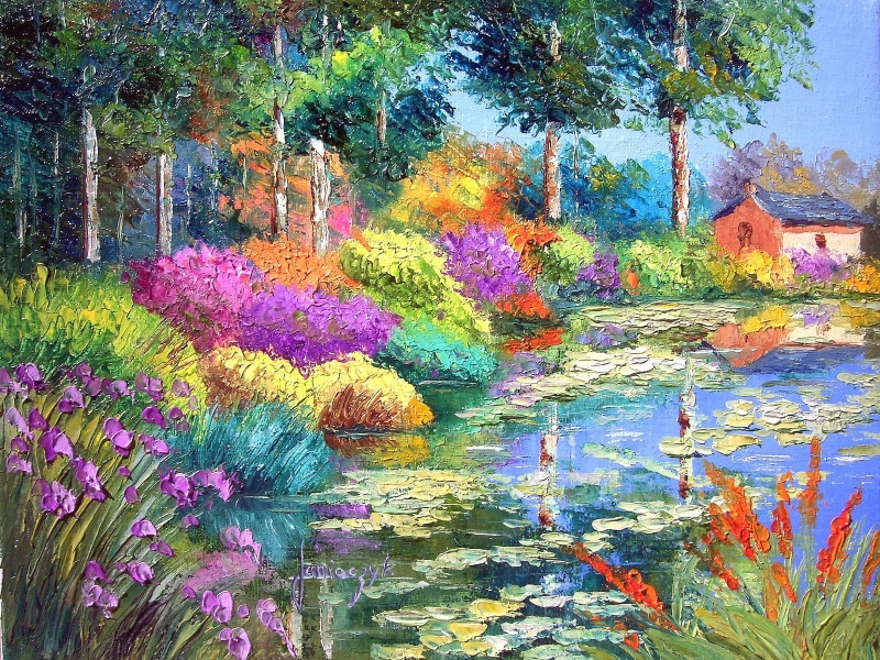 oil, pond, house, landscape, 720P, trees, oil painting, garden, flowers, painting, hd, abstract