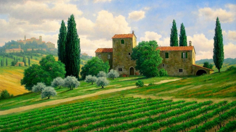 tuscany, village, estate, house, castle, sky, tree, 1080P, painting art, grassland, green, field, nature, grass, meadow, rural area, painting, cottage