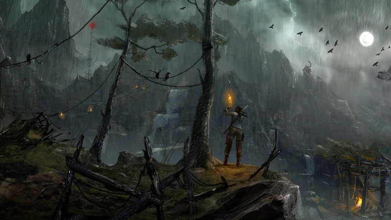 video games, near, standing, 1080P, forest, outdoors, reflection, sea, storm, torch, temple, night, architecture, spooky, trees, digital, water