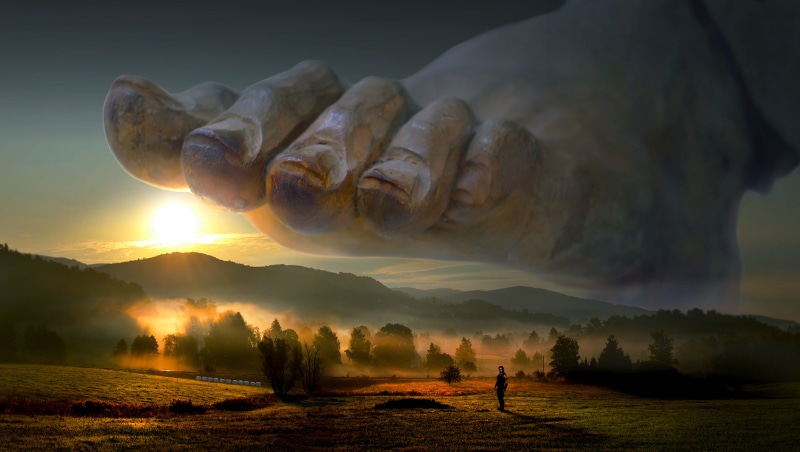 overview, rural, sunset, digital, silhouette, horizon, deity, distant view, scenic, evening, wide, sun, forest, sculpture, panorama, mountain, tranquility