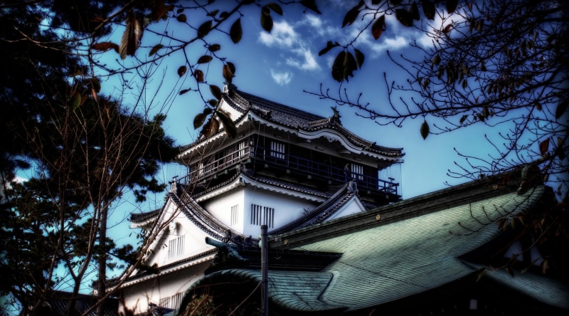 tree, belief, building, branch, Aperture, Castles, plant, Photoshop, no people, Honshu, religion, Okazaki City, outdoors, 4K, low angle view, eaves, okazaki