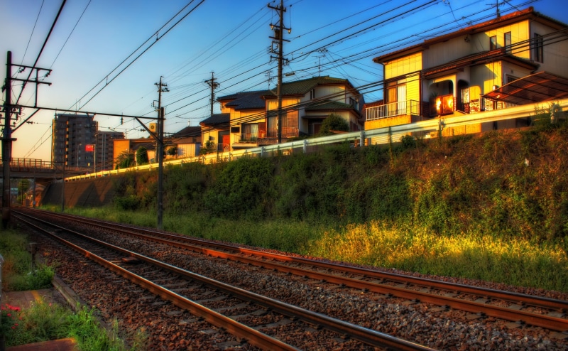tracks, building exterior, Blue, light, sky, Photography, transportation, Okazaki City, brown, power supply, outdoors, canon, rail transportation, cable
