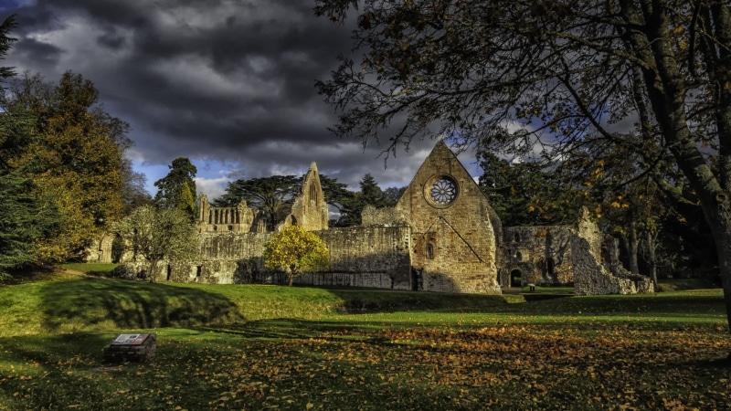place of worship, fall, sky, growth, 1080P, ruined, house, ruins, tree, architecture, outdoors, Scotland, history, gray, town, plant, old building, HDR