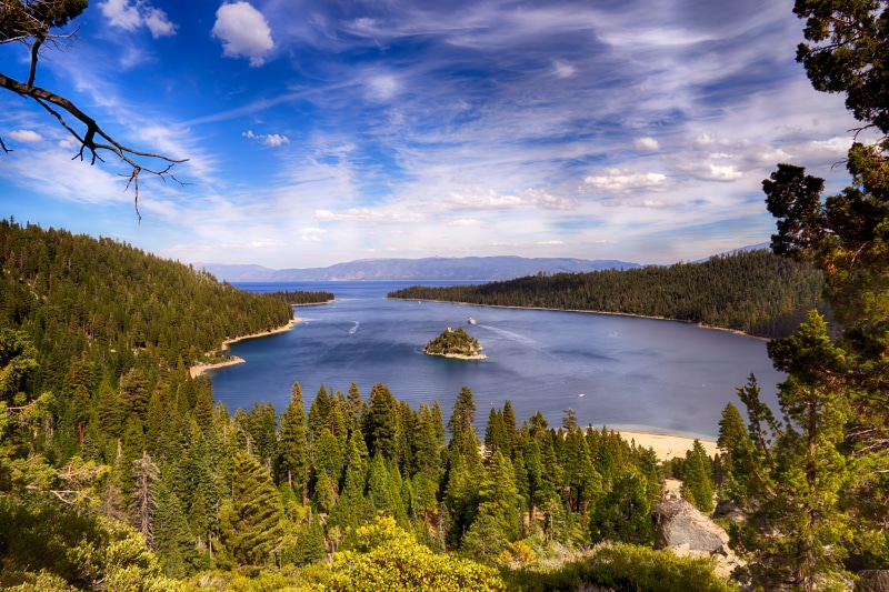 green leaf, forest, calm, sky, body, trees, body of water, 5K, sky  landscape, tree, leaf, Emerald Bay, near, travel, tahoe, summer, nature, scenics, landscape