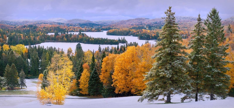 Laurentians, sky, serene, upper, landscape, outdoor, green leaf, forest, nature, mountain, First Snow, season, des, travel, Fall color, 720P, Canada, Christmas