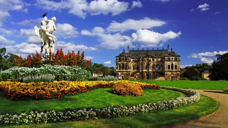 1080P, architecture, formal garden, built structure, park, flowering plant, art and craft, representation, Germany, garden, trees, plant, house, flowers