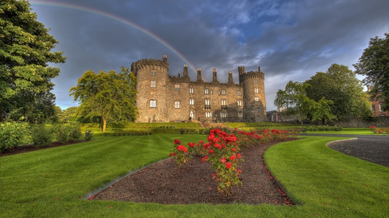 structure, white, outdoors, trees, architecture, built structure, building exterior, Ireland, rainbows, building, no people, field, green color, day, grass