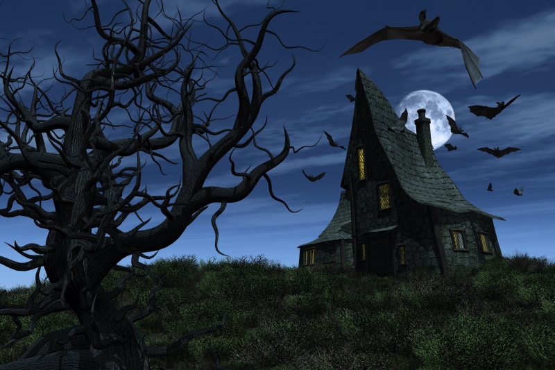 spirituality, Halloween, creepy tree, architecture, outdoors, cross, digital, plant, cloud - Sky, house, Haunted House, belief, tree, full moon, nature