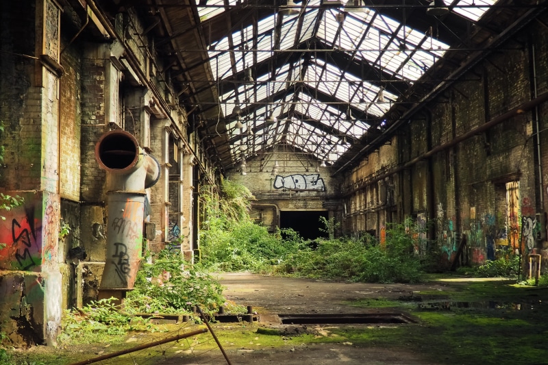 rail transportation, obsolete, break up, factory, tree, wall painting, built structure, damaged, old factory, threatening, plants, weathered, building
