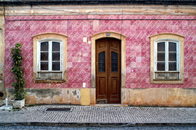 architecture, 1080P, door, residential district, no people, wall - Building Feature, street, facade, pink, home front, building, staircase, pink color