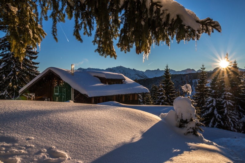 sky, Allgäu, trees, cold - Temperature, frozen, tree, time, brown, snow  mountains, house, Deutschland, tree  hut, outdoors, day, landscape, blue, nature