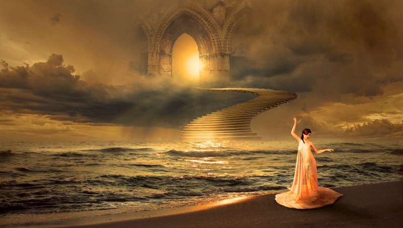 looking at view, gate, sea, environment, rest, yellow, stairs, mystical, light, beach, woman, lake, 4K, built structure, romance, nature, sky, women, architecture