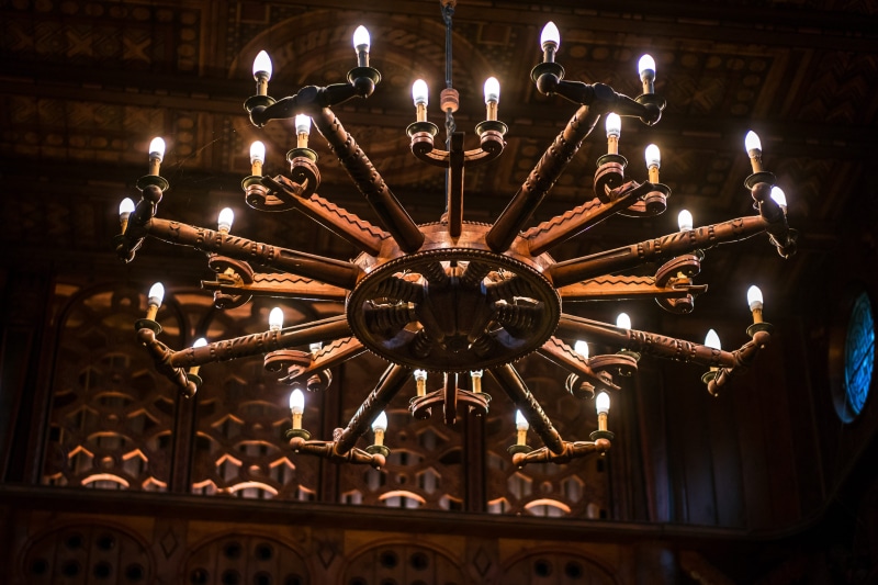 electric lamp, Stave Church, germany, Chandelier, wood, christianity, resin, low angle view, pattern, 4K, light, goslar-hahnenklee, ceiling, Candlestick