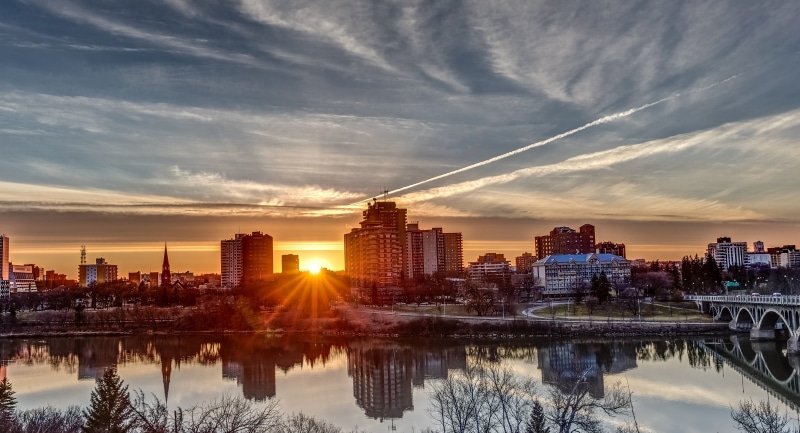 reflection, saskatoon, water, white, no people, high, built structure, river, skyscraper, landscape, black, sun, travel destinations, building exterior