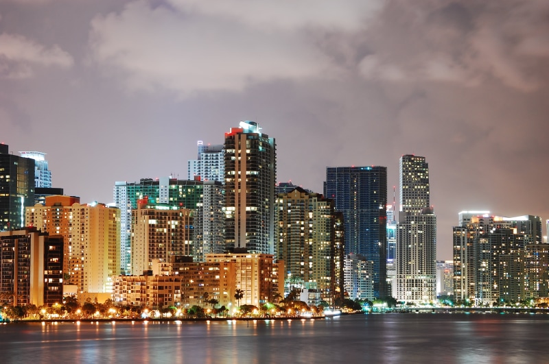 Florida, nighttime, architecture, body, urban Scene, cloudy, body of water, miami, night  lights, downtown District, long exposure, Key Biscayne, Keys