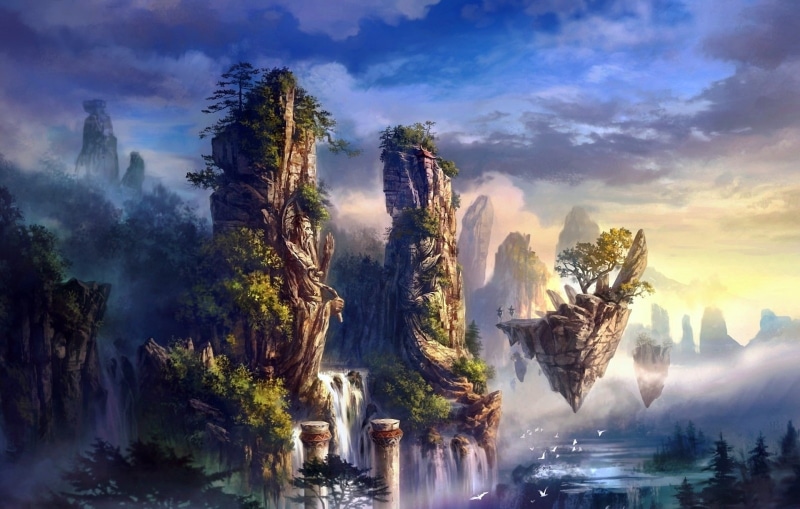 scenic, Islands, Architectur, mist, clouds, paintings, nature, Magic, Surreal, rivers, waterfall, forest, mountains, sunrise, landscapes, fog, haze, Vapor
