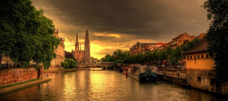 house, Strasbourg, sunset, bridge, nature, water, waterfront, France, plant, connection, green, landscape, clouds, brown, reflection, 720P, travel destinations