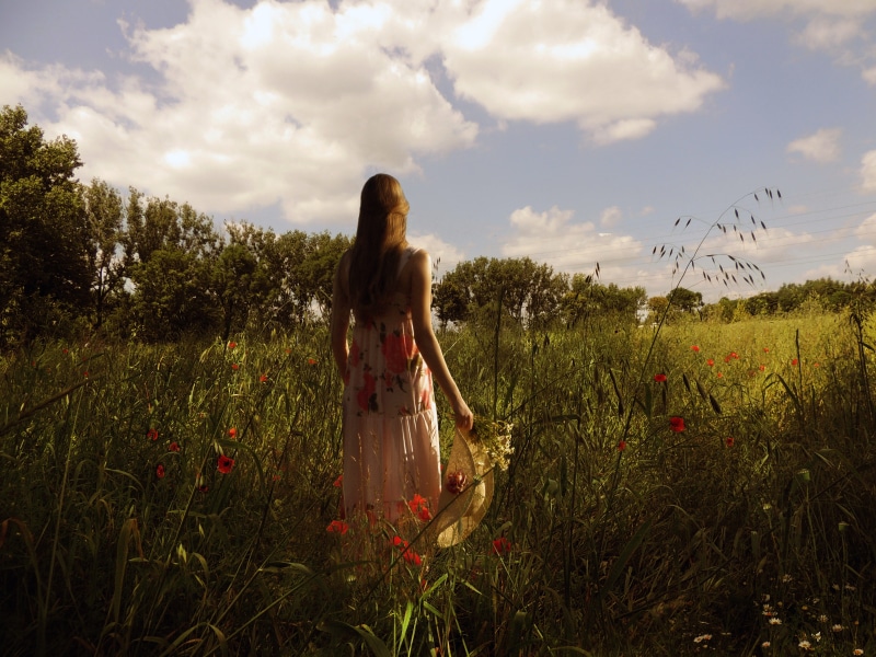 plant, poppies, green, one woman only, white, sky, hat, three quarter length, solitude, blue sky, spacer, adult, 4K, only women, tree, meadow, casual clothing
