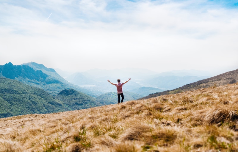 trees, grass, sky, limb, outdoors, freedom, positive emotion, daytime, wearing, male, trek, clouds, landscape, summit, leisure activity, guy, standing