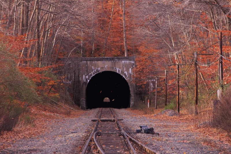 1080P, architecture, day, railroad track, orange, built structure, bridge - man made structure, nature, travel, connection, tunnel, black, fall, track