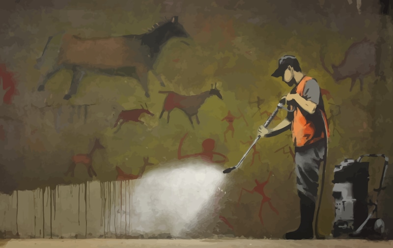 men, security, holding, skill, spraying, street art, lifestyles, nature, architecture, wall - building feature, day, protection, one person, occupation