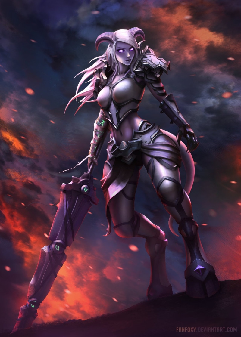 glowing eyes, battlefields, drawing, purple eyes, 720P, women, long hair, Fanfoxy, Warcraft, wind, weapon, armor, horns, sword, draenei