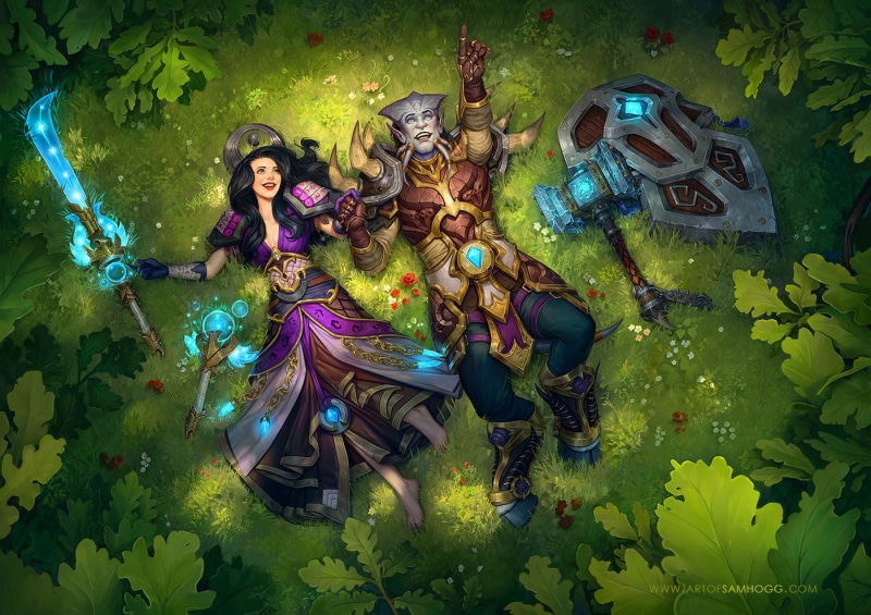 magic, 720P, warrior, shield, draenei, Sam Hogg, World of Warcraft, sword, fantasy art