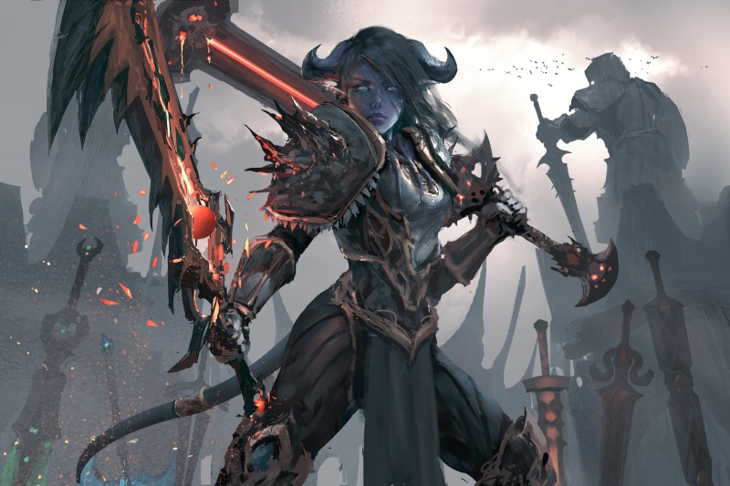 fantasy Art, digital art, warcraft, WLOP, women, 4K, sword, Draenei, painting, video games, blue eyes, world of warcraft