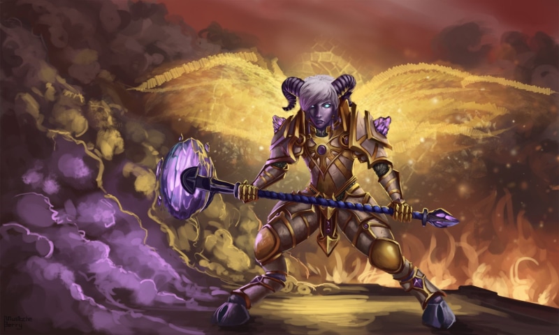 sky, Draenei (World Of Warcraft), weapon, flower, plant, male likeness, Warcraft, beauty in nature, fragility, nature, creativity, purple, cloud - sky